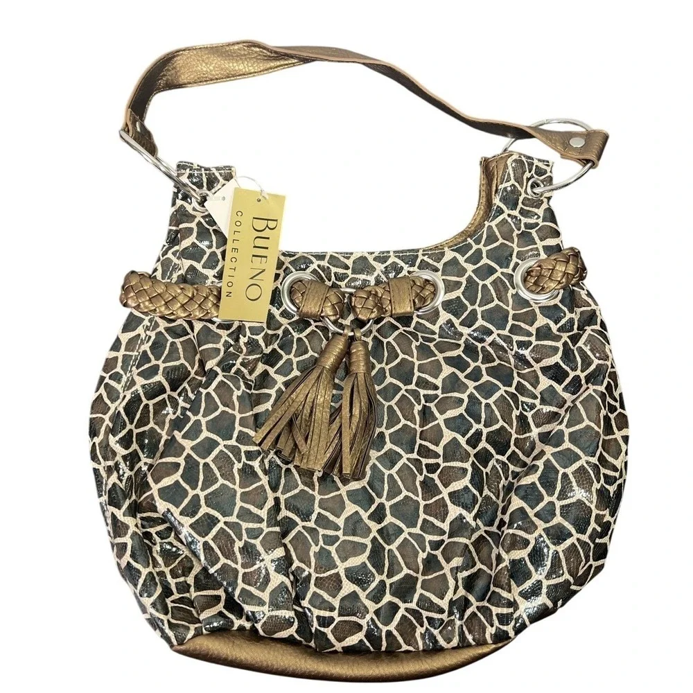 Bueno Collection Women's Hobo Bag Giraffe Print Metallic Bronze Tassel Shoulder